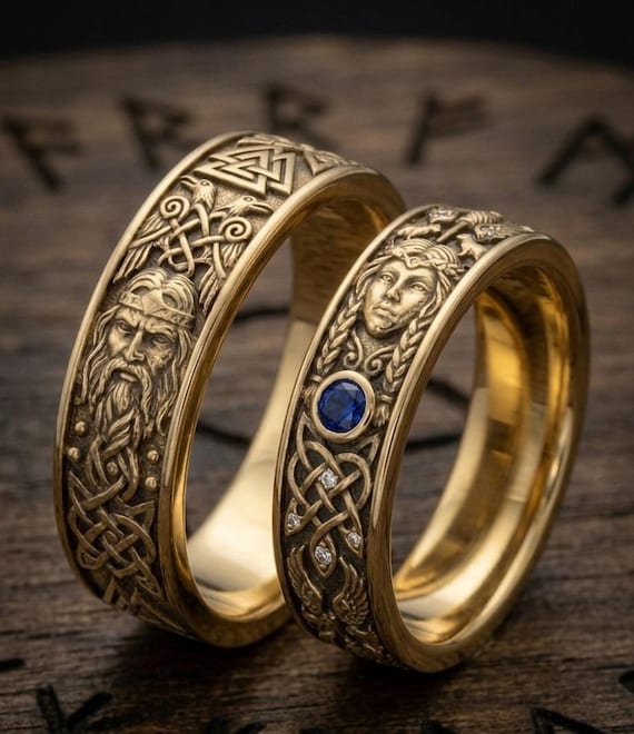 Odin Freya Viking Wedding Rings Set – Sterling Silver Gold Sapphire Diamond Engraved Band