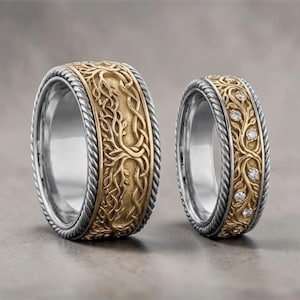 Fedi nuziali Yggdrasil Albero della Vita, anelli di unione norreni, set per lui e per lei in argento e oro