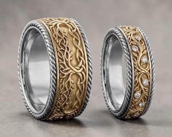 Yggdrasil Baum des Lebens Eheringe, Nordische Einheitsbänder, Silber Gold Seine Hers Set