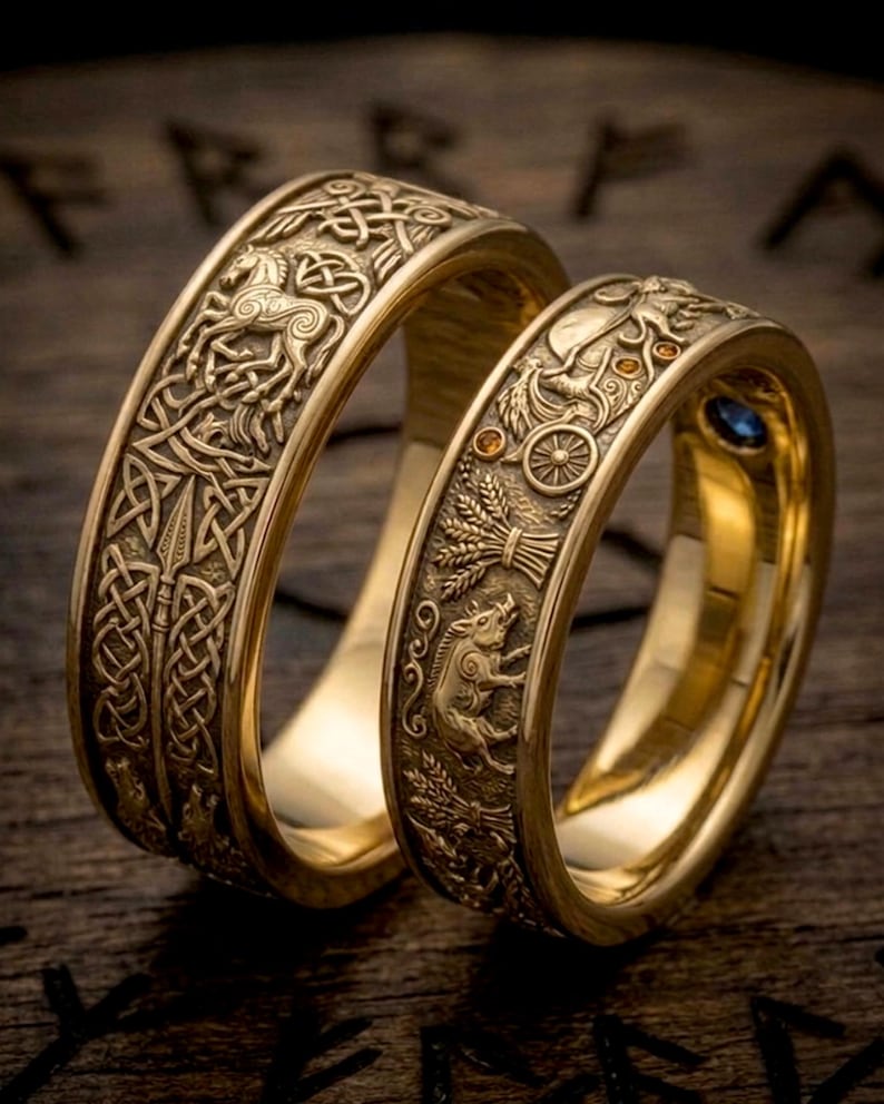 May include: Two gold-colored rings with intricate embossed designs. One ring features a horse and knotwork, the other a boar, wheat, and a wheel. The rings have a polished finish and are set against a dark wooden surface.