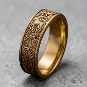Odin Freya Viking Wedding Rings Set – Sterling Silver Gold Sapphire Diamond Engraved Band image 13