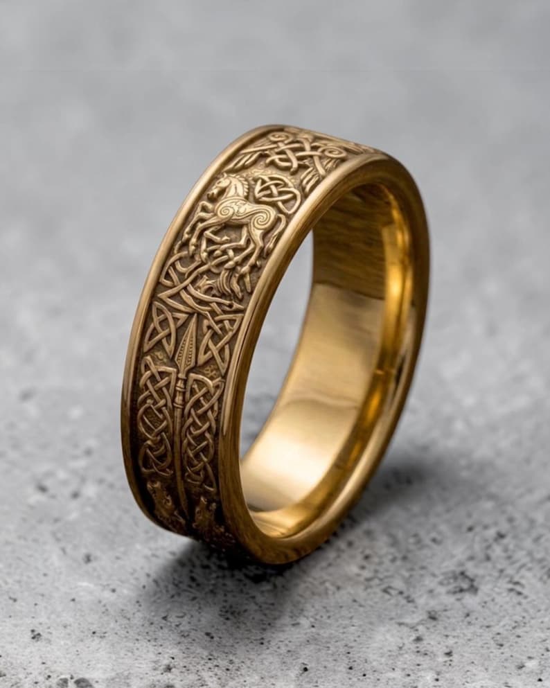Odin Freya Viking Wedding Rings Set – Sterling Silver Gold Sapphire Diamond Engraved Band image 13