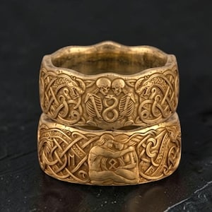 Viking Skeleton Ouroboros Wedding Rings, Norse Gothic Couple Bands, Sterling Silver Gold