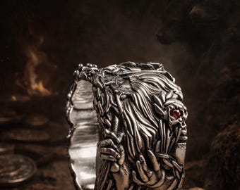 Sterlingzilveren Hades-ring • Granaat, cerberus, Bident • Sieraden uit de Griekse mythologie