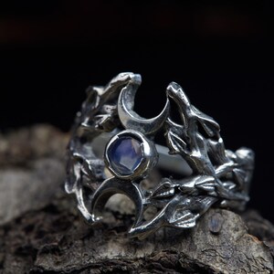 Sterling Silver Moonstone Ring: Triple Moon Goddess, Pagan Jewelry