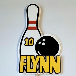 Bowling themed custom 3D cake topper with name and age. bowling pin and bowling ball birthday cake topper with name and age