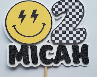 Smiley face, checkered glitter cake topper with name and age. Custom birthday cake topper