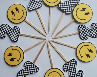 Smiley cupcake toppers with custom checkered number for birthday