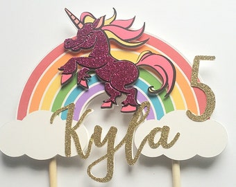 Unicorn and rainbow 3D glitter birthday cake topper with name and age