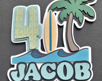 Surf Board Beach palm tree theme birthday cake topper with name and age. ocean themed birthday