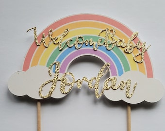 3D rainbow cake topper with glitter welcome baby and name . Pastel or traditional rainbow, or multiple chromatic colors. Regular to XL size