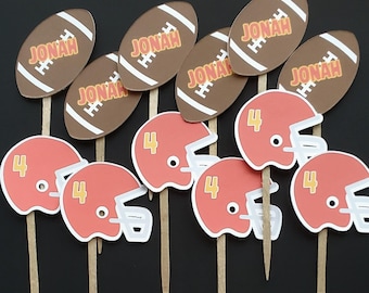 Football themed cupcake topper. Custom football team and color cupcake toppers. name and age cupcake topper.