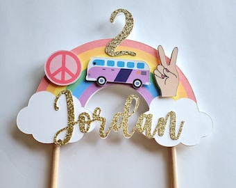 Rainbow groovy peace sign cake topper. Rainbow 70s groovy topper. Pastel rainbow topper with glitter font.