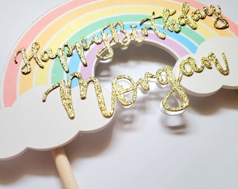 3D rainbow cake topper with glitter font happy birthday. Pastel rainbow, traditional rainbow Regular to XL size