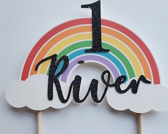 3D rainbow cake topper with glitter font name and age. Pastel rainbow, traditional rainbow, or multiple chromatic colors. Regular to XL size
