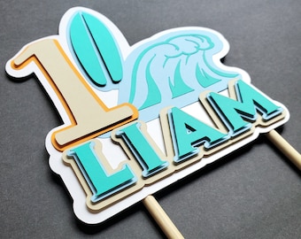 Surf and wave themed birthday 3D cake topper with name and age