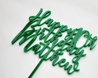 Acrylic happy birthday cake topper with name and age in script font.
