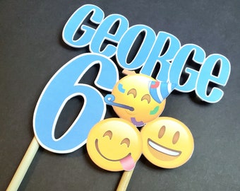 Emoji birthday customizable cake topper with name and age.