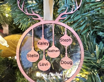 Multiple name 2022 custom ornament with antlers. Custom 2022 wood and acrylic ornament