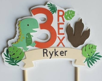 3 Rex dinosaur 3D cake topper with name and age. 2 rex, 4 rex, 5 rex. dinosaur birthday cake topper