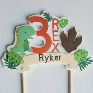 3 Rex dinosaur 3D cake topper with name and age. 2 rex, 4 rex, 5 rex. dinosaur birthday cake topper