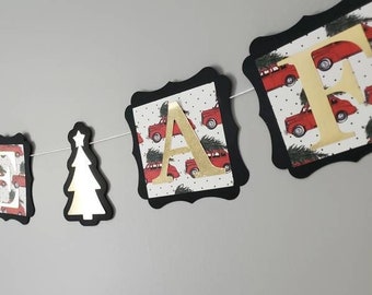 Festive af Christmas banner. Christmas banner with red truck and tree. Funny Christmas banner.