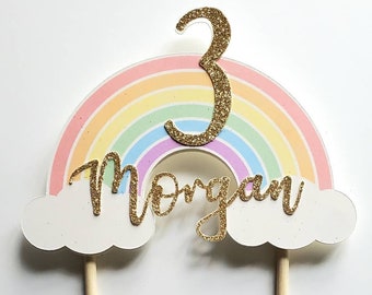 3D rainbow cake topper with glitter font name and age. Pastel rainbow, traditional rainbow, or multiple chromatic colors. Regular to XL size
