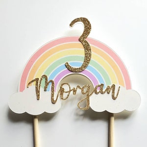 3D rainbow cake topper with glitter font name and age. Pastel rainbow, traditional rainbow, or multiple chromatic colors. Regular to XL size