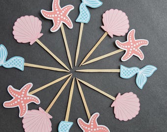 Mermaid tail seashell starfish under the sea themed birthday cupcake toppers. custom cupcake toppers