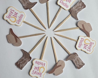 Rodeo cowgirl cowboy themed cupcake toppers.