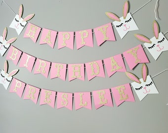 Bunny themed banner with glitter font. Bunny themed birthday decor