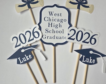 2026 Graduation party centerpieces or display table decor. Graduation open house decor. Class of 2026. Custom school color and graduate name