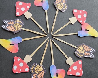 Mushroom butterfly birthday cupcake toppers with custom rainbow number.