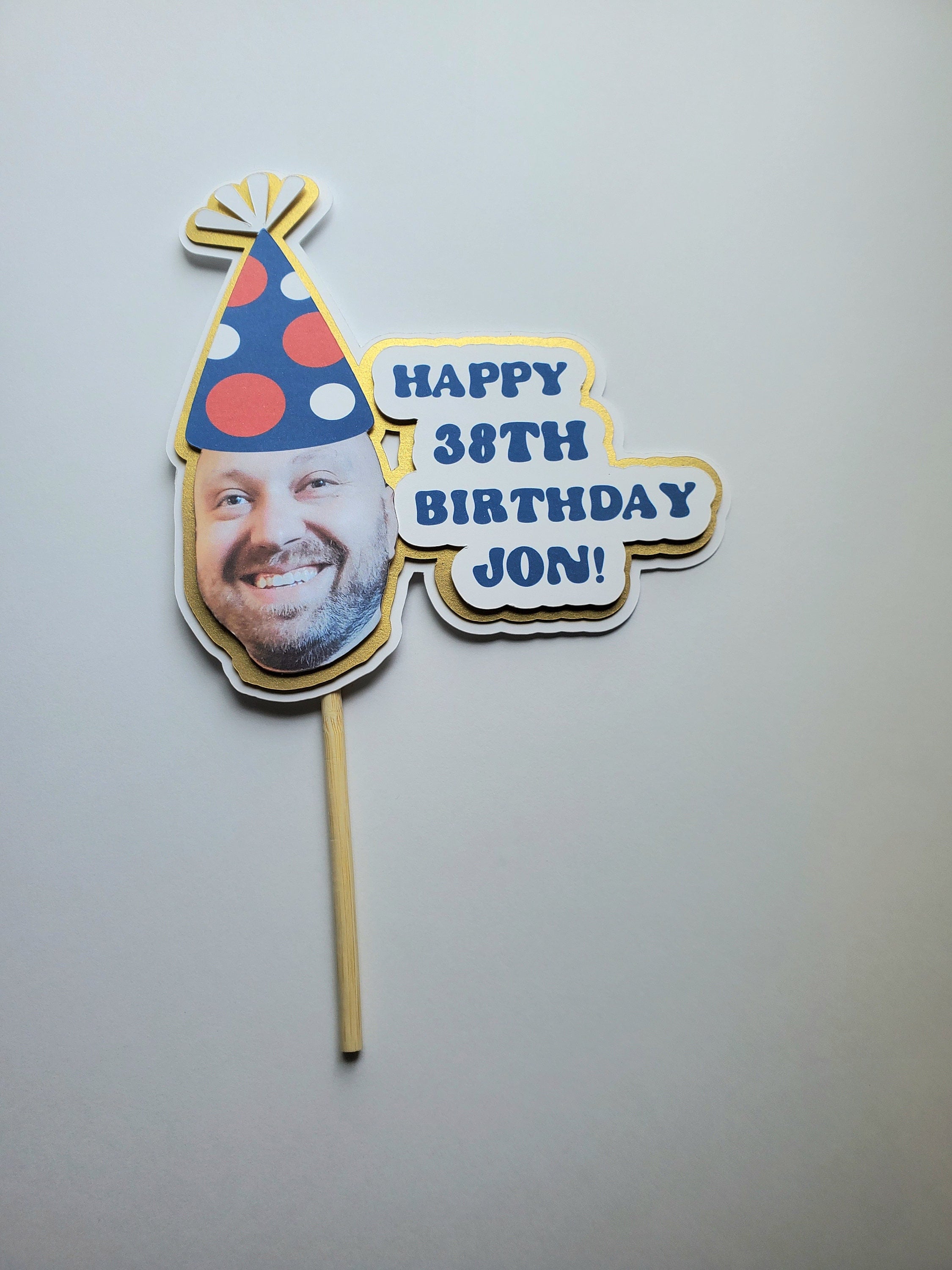 Photo birthday cake topper. Customizable Birthday Cake Topper with image of person in party hat, name and age.