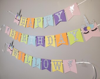 Unicorn and fairy Glitter font birthday customizable banner with rainbow colors