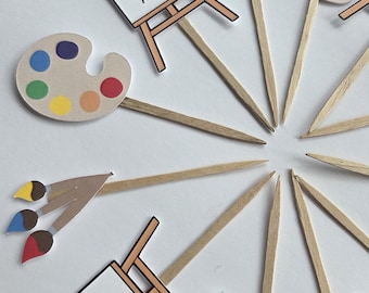 Art themed Birthday cupcake topper. Easel, paint easel and paint brush cupcake toppers.