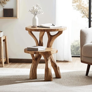 Reclaimed live edge end table rustic side table handmade round table solid wood coffee table for living room bedroom unique home decor