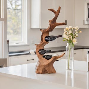 Mid century wine rack countertop solid wood wine bottle holder farmhouse wine stand for modern kitchen or home bar decor