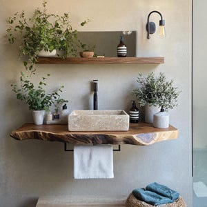 Rustic vanity corner shelf Handmade live edge bathroom vanity shelf wall mounted brackets bathroom decor housewarming gift