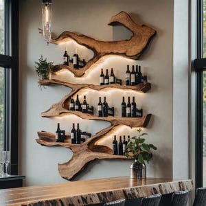 Solid wood wine bottle holder mid century wine rack countertop farmhouse wine stand for modern kitchen or home bar decor