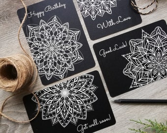 Greeting Cards Postcards A6 Birthday Card Congratulation cards 4 piece set mandala mandaladesign black modern yoga mural art print black