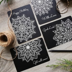 Cartes de voeux Cartes postales A6 Carte d’anniversaire Cartes d’anniversaire 4 pièces Set Mandala Design mandala noir modern yoga peinture murale impression noire