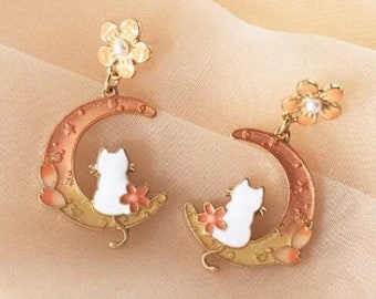 Crescent Moon Earrings | Cat Earrings | Cherry Blossom Earrings | Flower Earrings | Cat on Moon Earrings | Dangle Earrings
