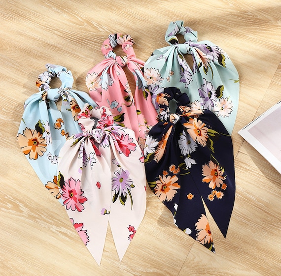 MohaoBoutique Floral Hair Scarf Scrunchies | Flower Hair Tie | Scrunchie with Tail | Pastel Hair Scrunchies | Hair Ribbons | Satin Hair Accessories