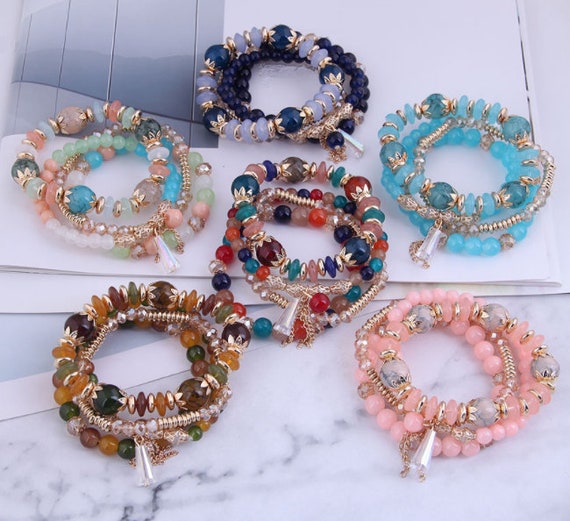 creative multi-layered beaded crystal bracelet boho