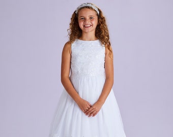 Helene White Holy Communion Sleeveless Sequin Bodice Dress with Embroidered Lace Two Tiered Skirt SALE
