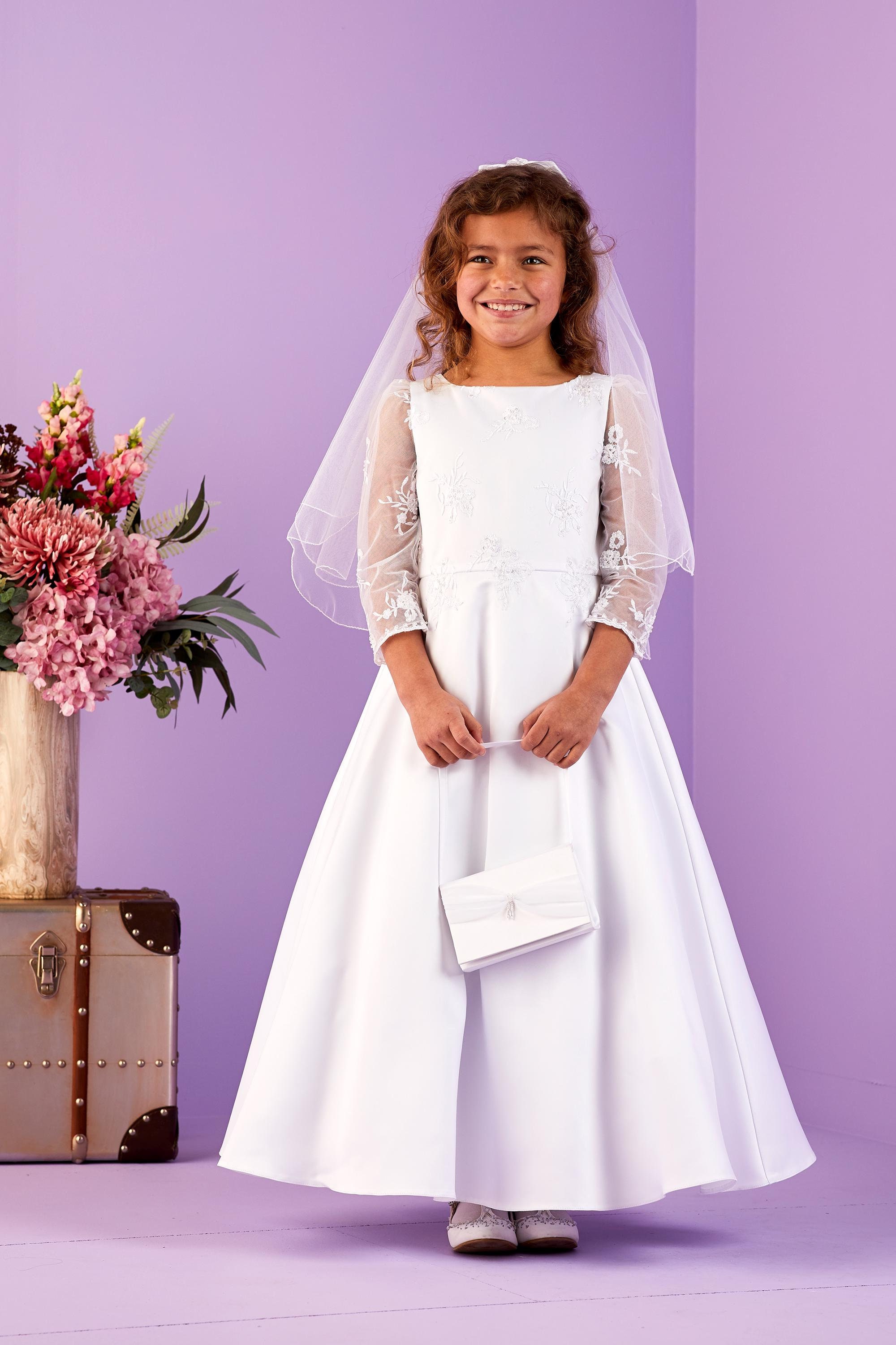Daisy Long Sleeve Embroidered Bodice White Communion Dress