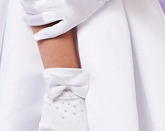 Gants de communion blancs pour filles Stella avec nœud et détails de perles