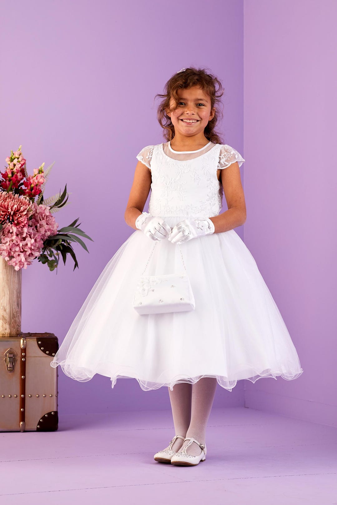 kurzarm kommunion midi kleider festliche Lana Entzückende Kurzarm Weiß Heilige Kommunion Kleid mit Spitze Mieder
