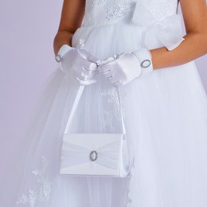 Kara Weiße Heilige Kommuniontasche mit Organza Schleife und Diamante Schnalle